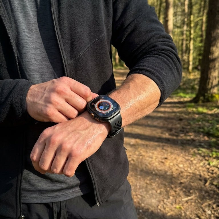 Bracelet sport noir en silicone respirant avec fixation aimantée pour Galaxy Watch Ultra, style robuste et confortable.