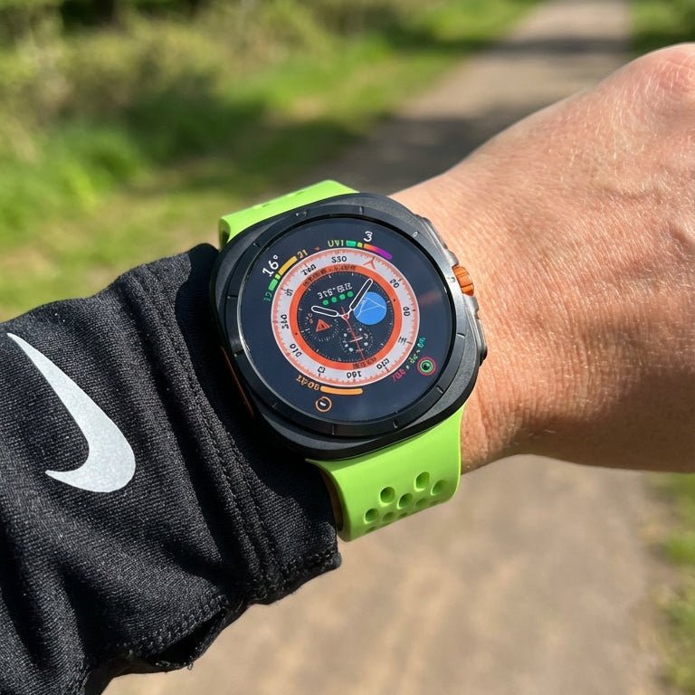 Bracelet sport en silicone vert lime avec trous circulaires pour Galaxy Watch Ultra, fermoir magnétique noir, design.