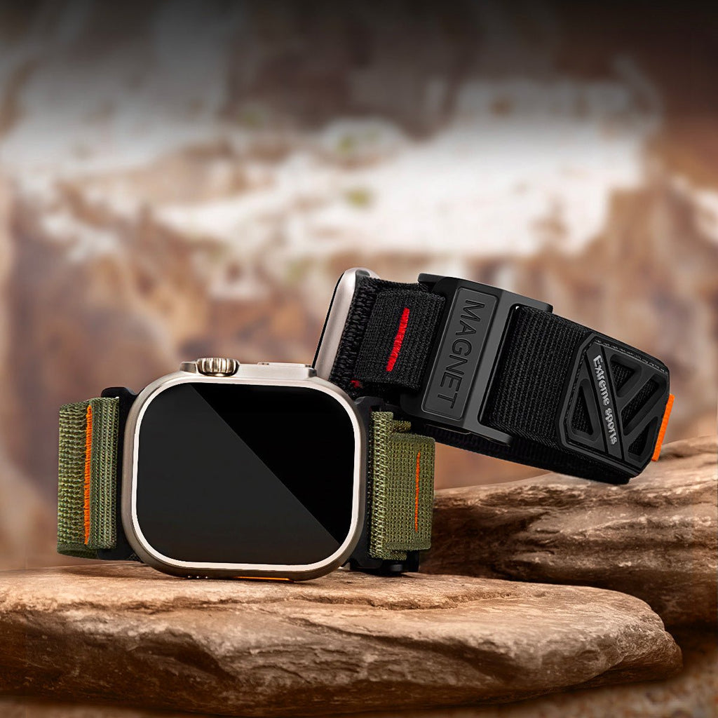 Bracelet Apple Watch vert olive en nylon tissé, fermoir magnétique noir robuste, style sport extrême.