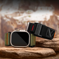 Bracelet Apple Watch vert olive en nylon tissé, fermoir magnétique noir robuste, style sport extrême.