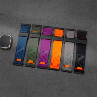 Lot de six bracelets sport pour Apple Watch en nylon tissé haute résistance, couleurs variées, fermoir magnétique noir.