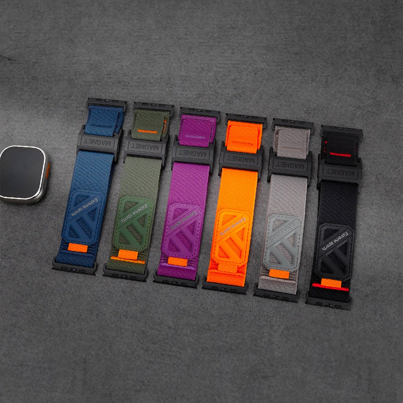 Lot de six bracelets sport pour Apple Watch en nylon tissé haute résistance, couleurs variées, fermoir magnétique noir.