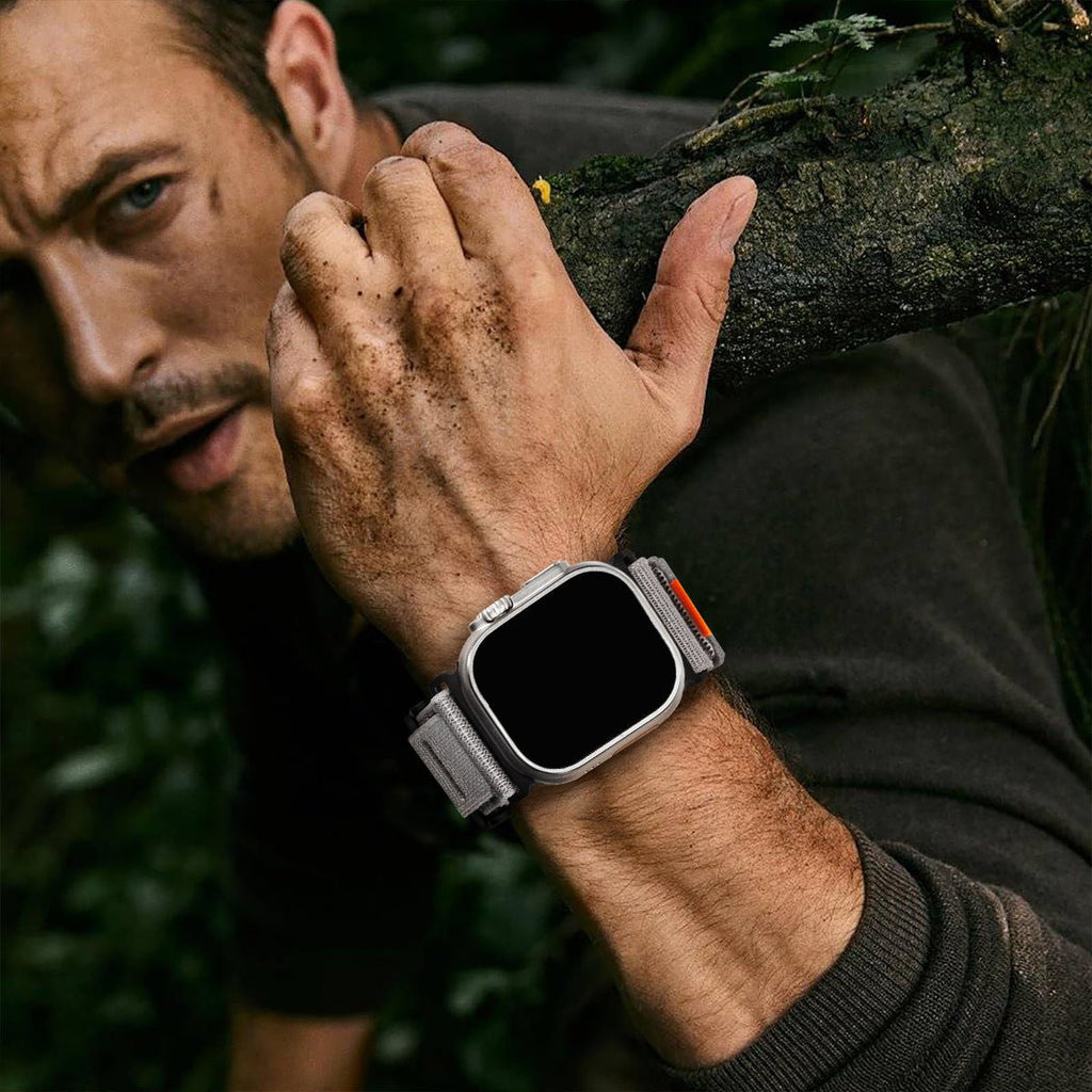 Bracelet Apple Watch nylon tissé gris clair avec fermoir magnétique robuste, style sport extrême.