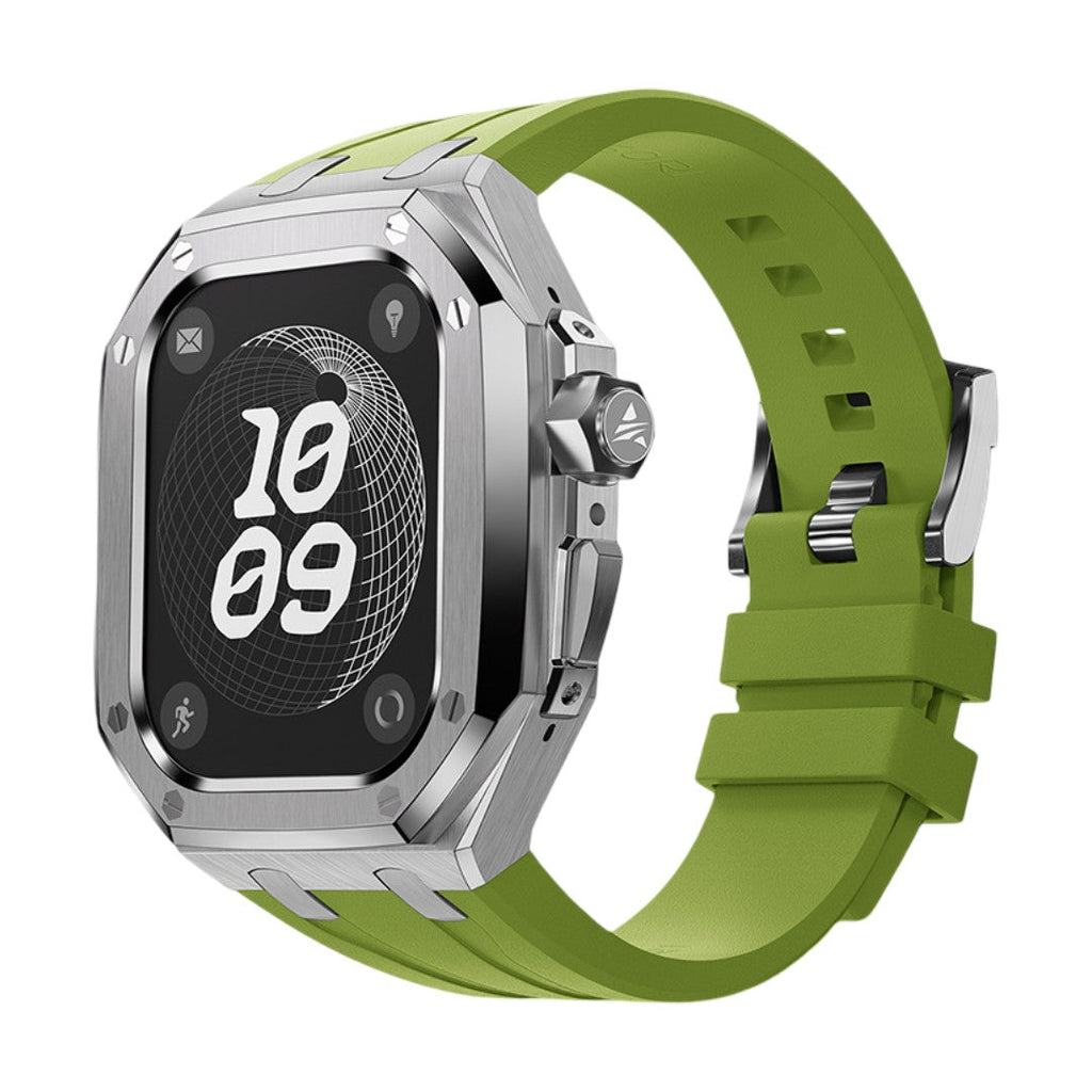 Bracelet vert olive fluoroélastomère souple avec boucle acier argent pour Apple Watch Ultra 49mm, boîtier renforcé robuste.