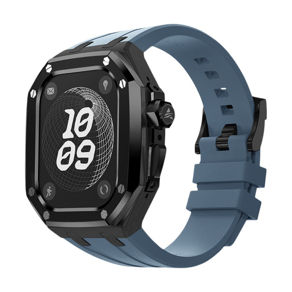 Bracelet sport fluoroélastomère bleu pour Apple Watch Ultra 49mm, boîtier renforcé noir mat, boucle acier noire, style.
