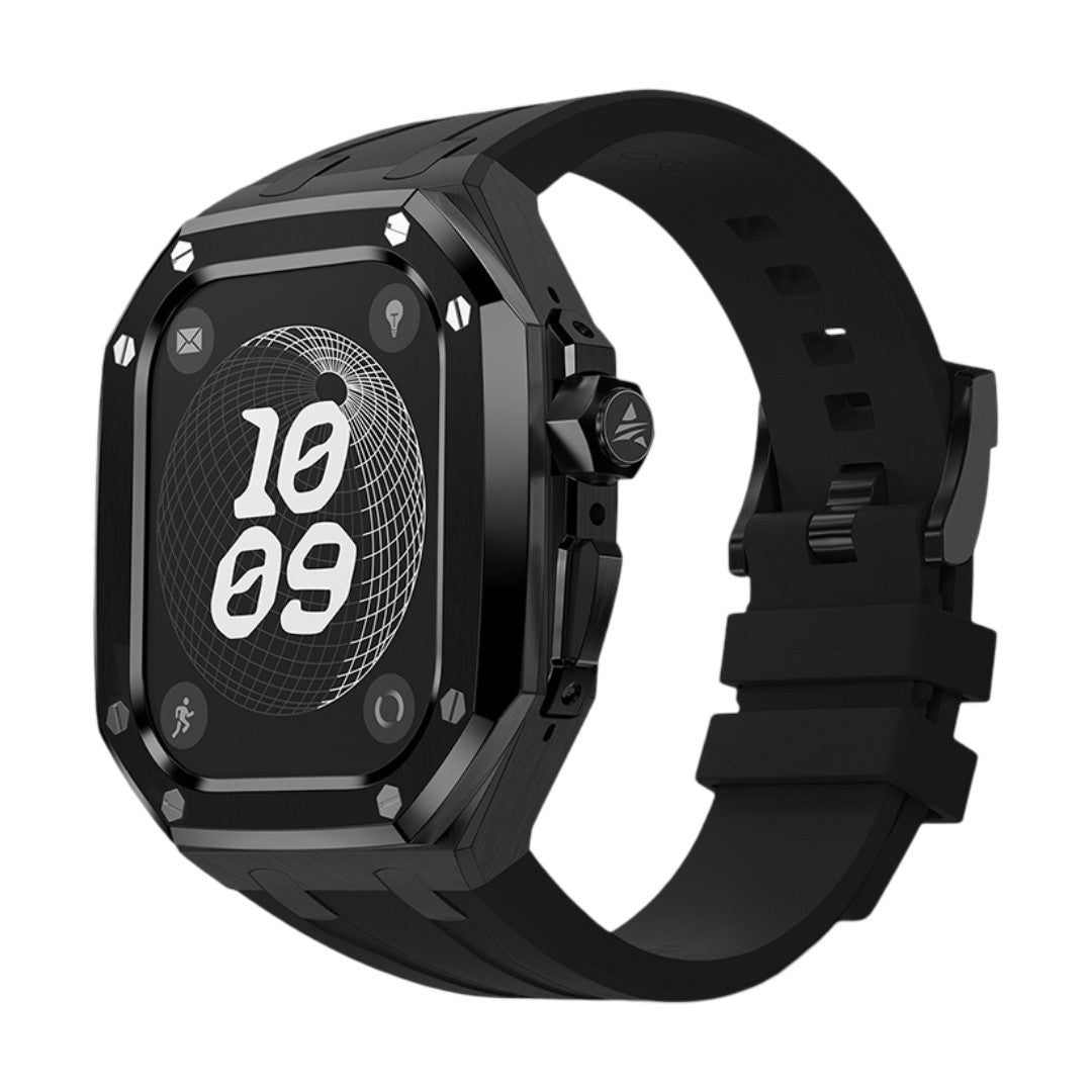 Bracelet sport noir en fluoroélastomère souple avec boîtier renforcé en titane et boucle acier pour Apple Watch Ultra 49mm.