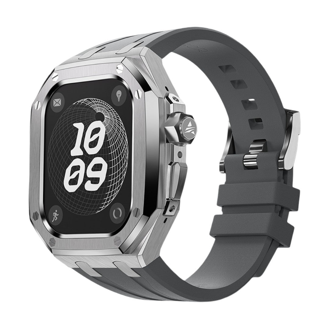 Bracelet sport titane gris avec boîtier renforcé et boucle acier argent pour Apple Watch Ultra 49mm.