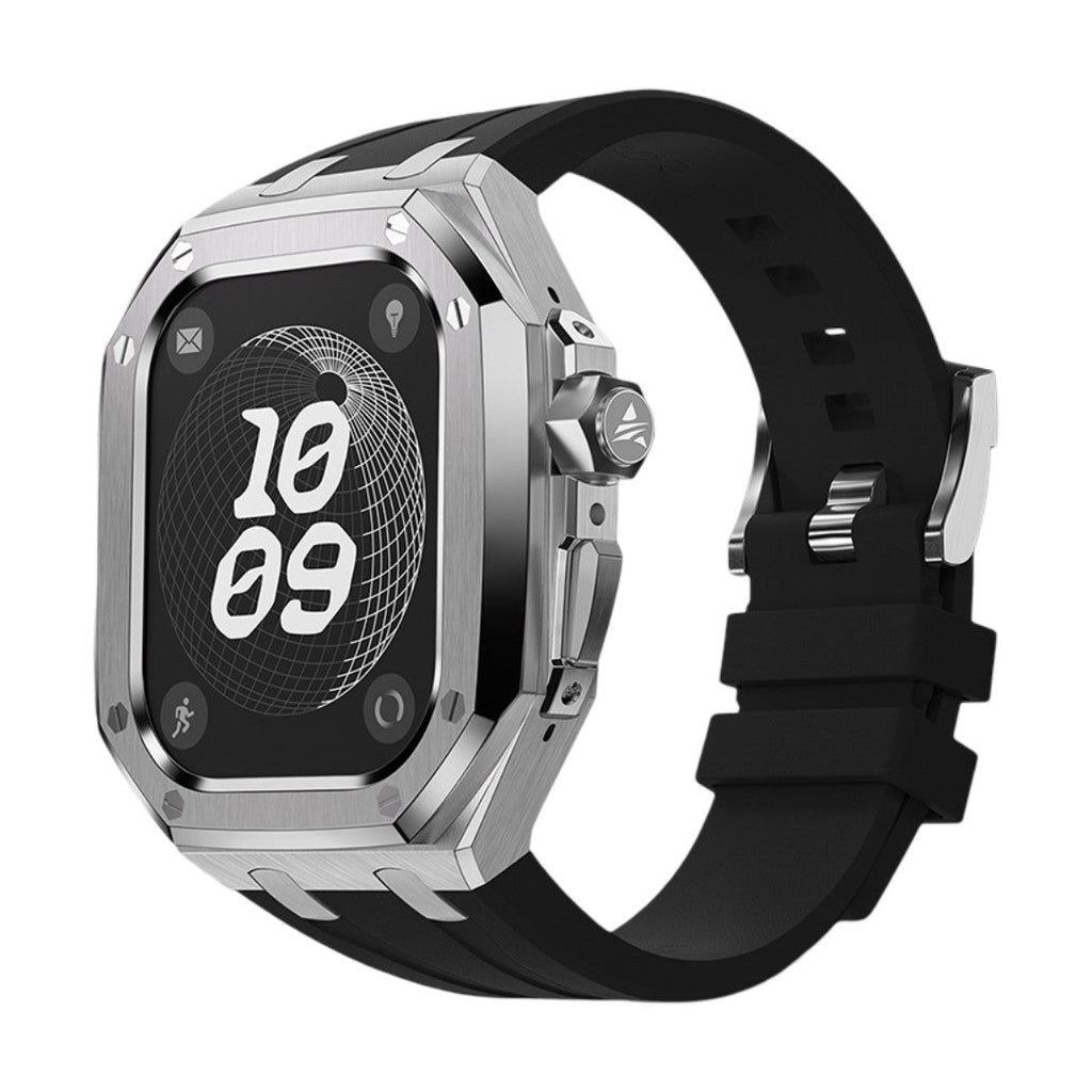 Bracelet sport noir en fluoroélastomère souple avec boîtier titane renforcé et boucle acier argent pour Apple Watch Ultra.