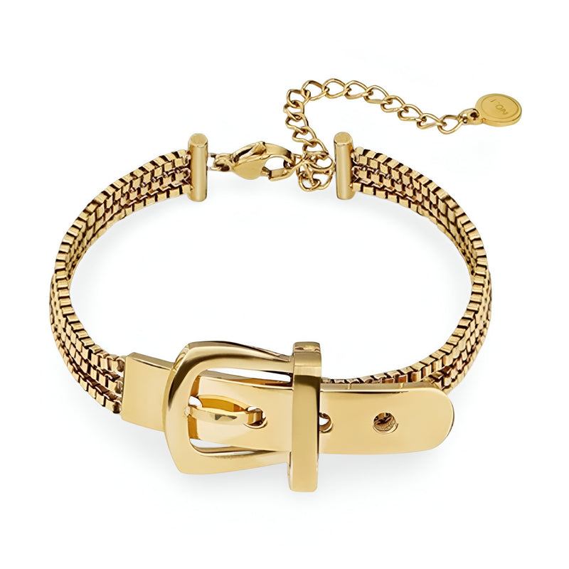 Bracelet femme en titane doré style boucle de ceinture avec maillons tressés et fermoir réglable.