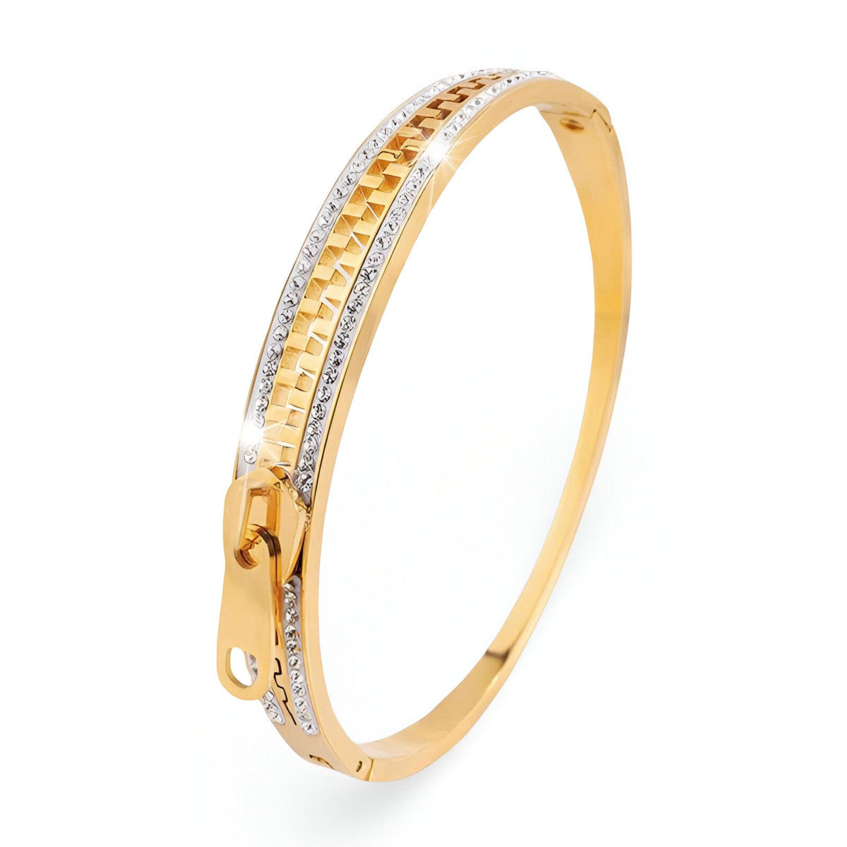 Bracelet en titane or avec fermeture éclair et rangée de petits cristaux éclatants.