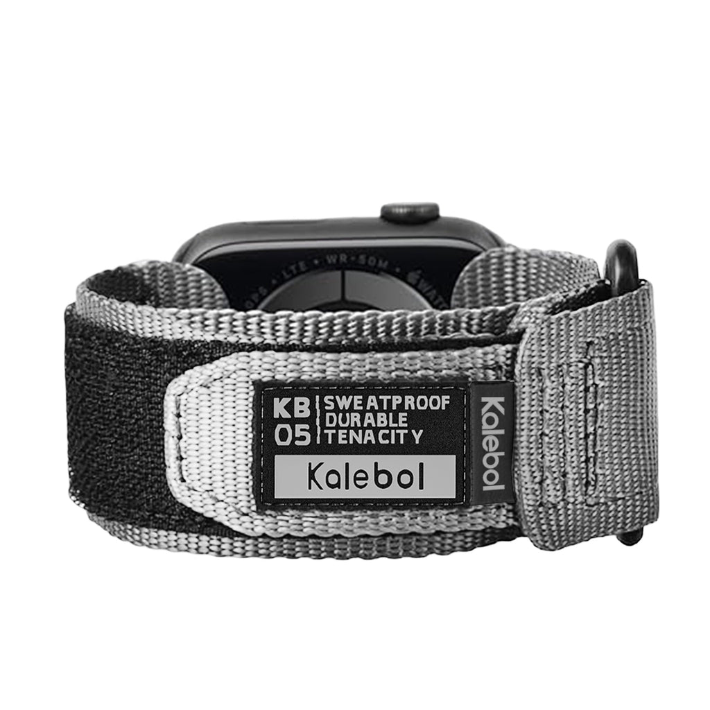 Bracelet nylon gris à velcro Kalebol pour Apple Watch, ajustable et résistant à la transpiration.