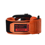 Bracelet orange et noir en nylon à velcro pour Apple Watch, modèle Kayle, ajustable et résistant à la transpiration.