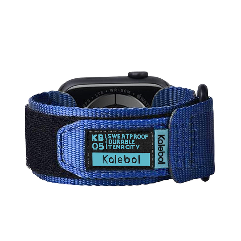 Bracelet nylon bleu Kalebol à velcro pour Apple Watch, ajustable et résistant à la sueur.