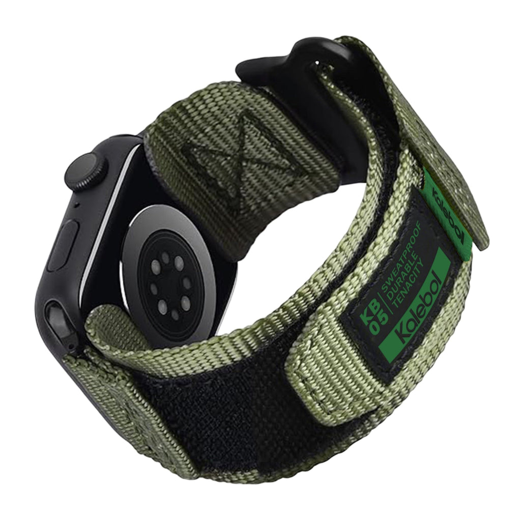 Bracelet nylon kaki ajustable à velcro pour Apple Watch, modèle Kayle, sweatproof.
