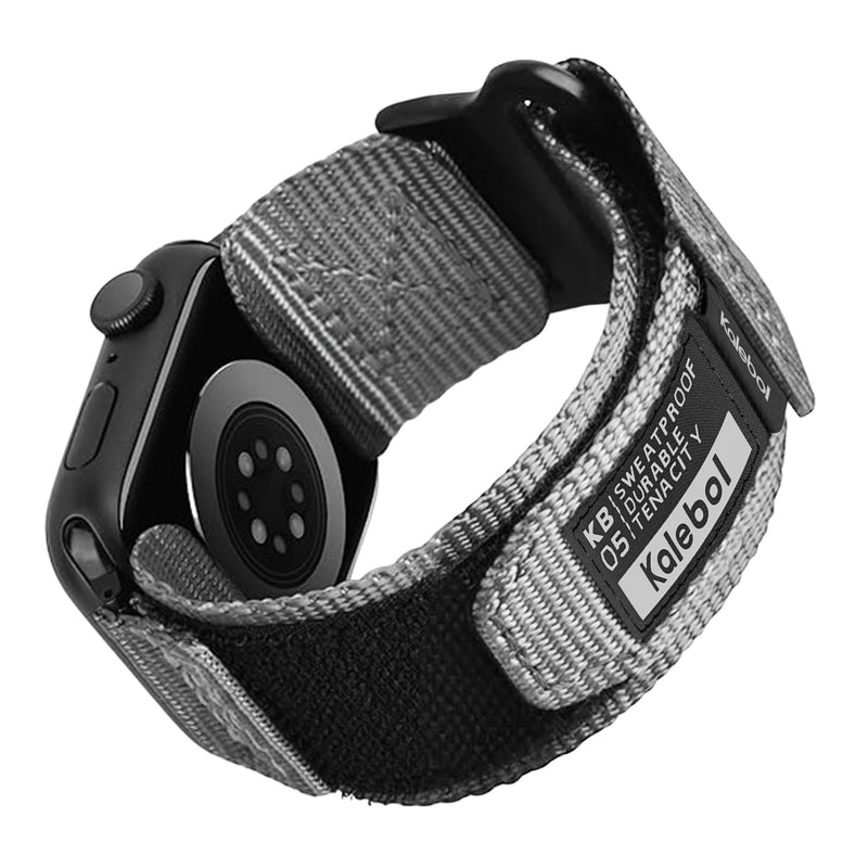 Bracelet en nylon gris clair et noir à velcro, ajustable pour Apple Watch, modèle Kayle.