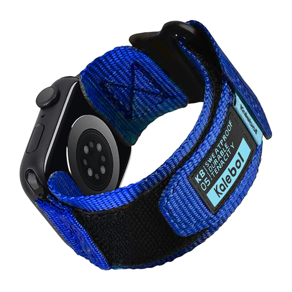 Bracelet nylon bleu sweatproof Kalebol Edition à velcro pour Apple Watch, ajustable.