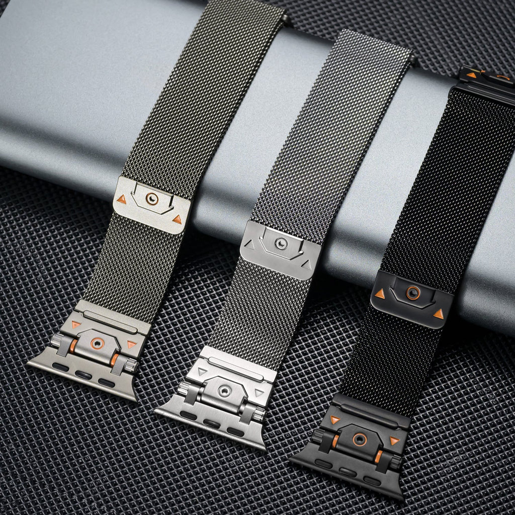 Trois bracelets tactiques en acier inoxydable magnétique pour Apple Watch, finis mat noir, gris et anthracite, style maille.
