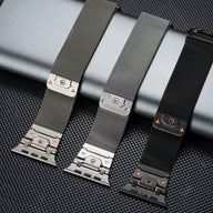 Trois bracelets tactiques en acier inoxydable magnétique pour Apple Watch, finis mat noir, gris et anthracite, style maille.