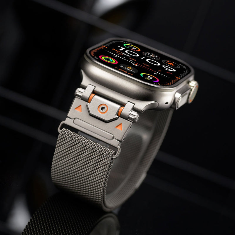 Bracelet tactique gris en acier inoxydable magnétique avec maille fine, pour Apple Watch.