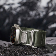 Bracelet tactique vert kaki en nylon pour Apple Watch, boucle argentée robuste, modèle Winry ajustable.