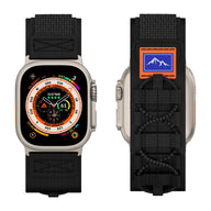 Bracelet tactique noir en nylon pour Apple Watch, édition montagne et escalade, ajustable, modèle Diemio avec patch montagne .