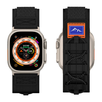 Bracelet tactique noir en nylon pour Apple Watch, édition montagne et escalade, ajustable, modèle Diemio avec patch montagne .