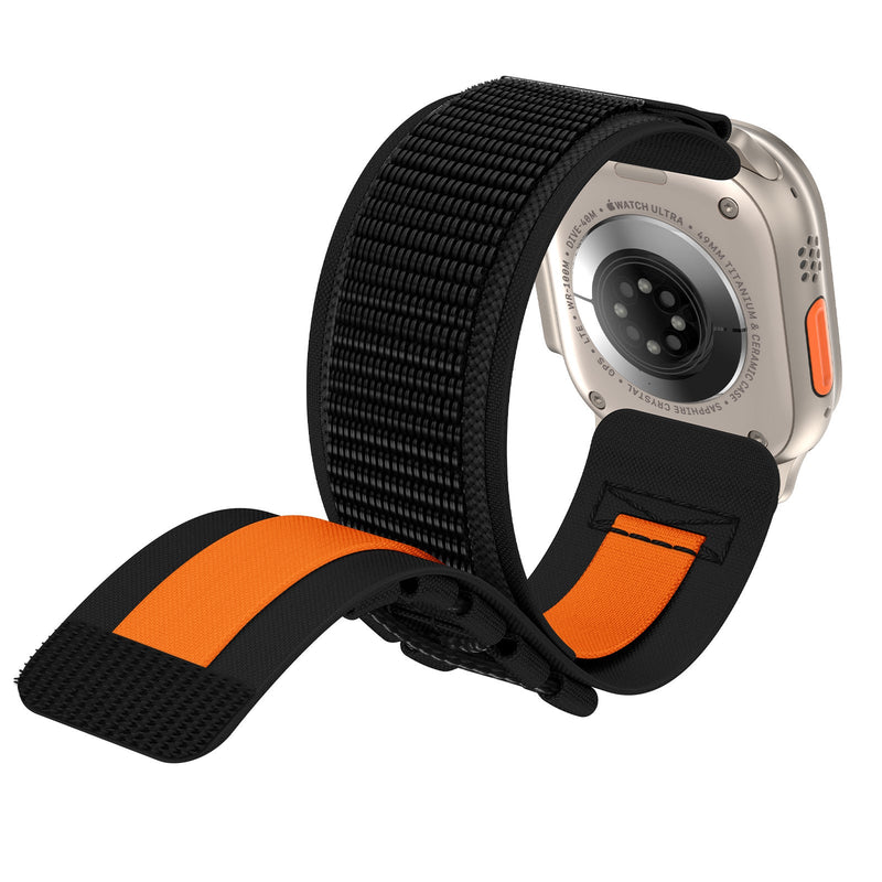 Bracelet tactique en nylon noir avec bande orange, ajustable pour Apple Watch, style montagne.