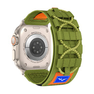 Bracelet tactique vert en nylon avec cordons ajustables pour Apple Watch, motif montagne et escalade.