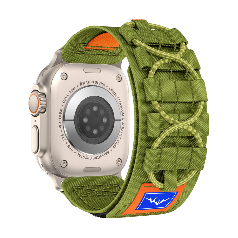 Bracelet tactique vert en nylon avec cordons ajustables pour Apple Watch, motif montagne et escalade.