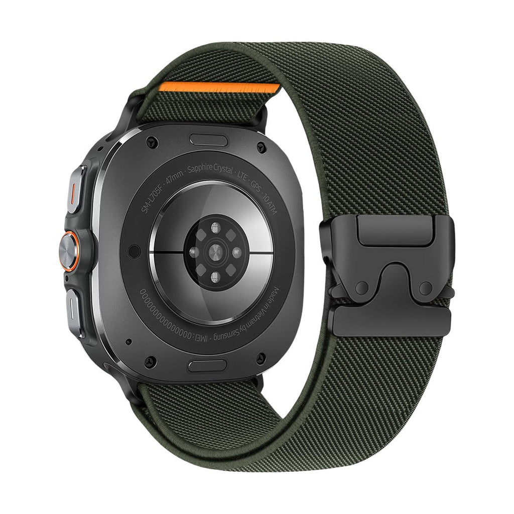 Bracelet tactique en nylon tissé vert kaki avec boucle parachute noire pour Samsung Ultra, style sportif et maintien optimal.