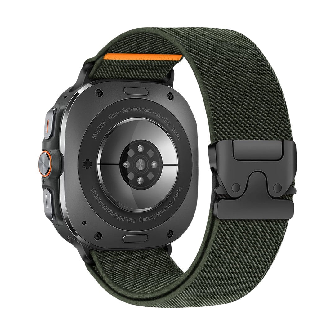 Bracelet tactique en nylon tissé vert kaki avec boucle parachute noire pour Samsung Ultra, style sportif et maintien optimal.