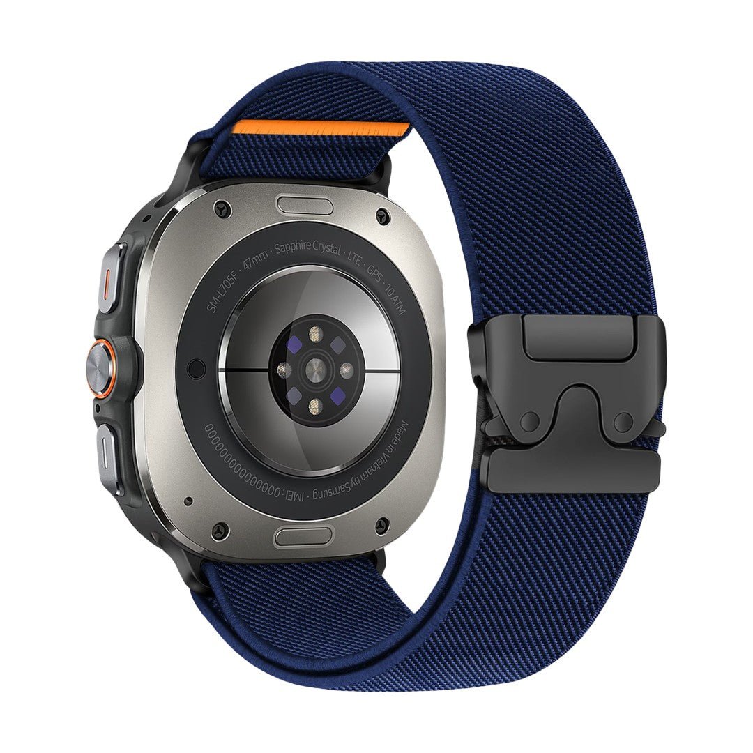 Bracelet tactique en nylon bleu marine tissé avec boucle noire robuste pour Samsung Ultra, style sportif et maintien.