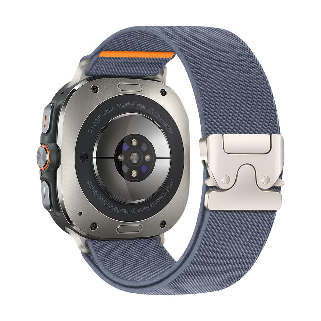 Bracelet tactique bleu en nylon tissé avec boucle métallique parachute pour Samsung Ultra, style sportif et robuste.