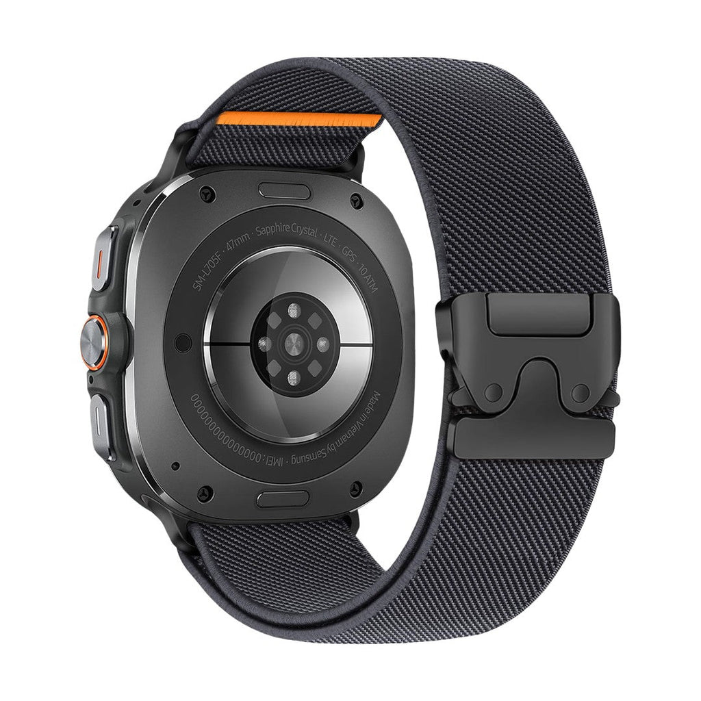 Bracelet tactique en nylon noir tissé avec boucle parachute noire pour Samsung Ultra.