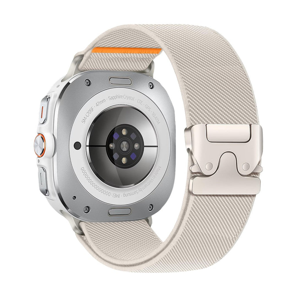 Bracelet tactique beige en nylon tissé avec boucle métal robuste pour Samsung Ultra, style sportif.