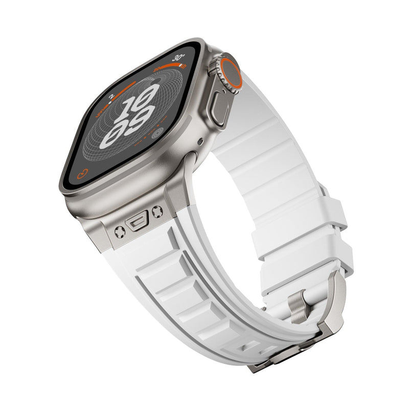 Bracelet silicone blanc ajustable modèle Landin pour Apple Watch avec boucle ardillon argentée.