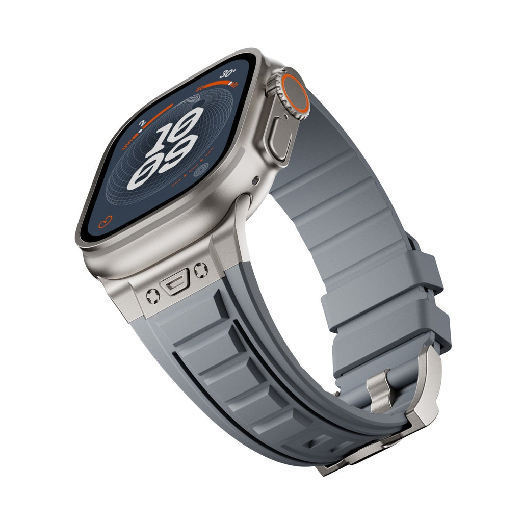 Bracelet tactique gris en silicone résistant avec boucle ardillon pour Apple Watch, ajustable.