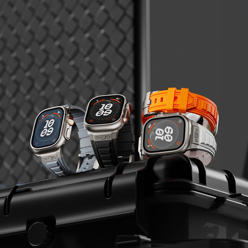 Trois bracelets tactiques en silicone pour Apple Watch, couleurs noir, gris et orange, boucle ardillon, style robuste et.