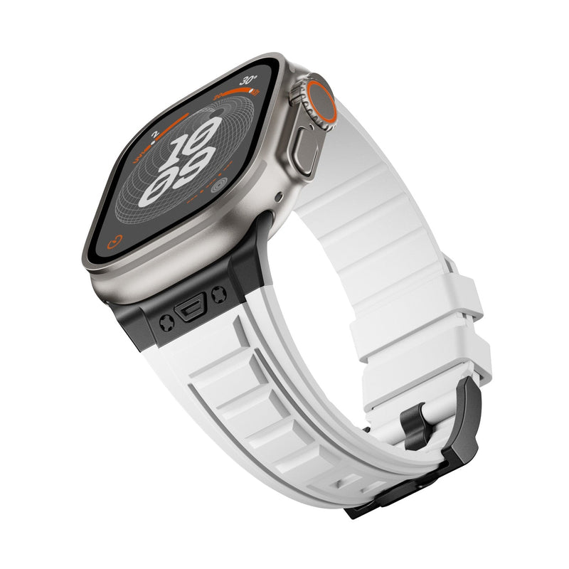 Bracelet tactique blanc en silicone résistant avec boucle ardillon noire pour Apple Watch.