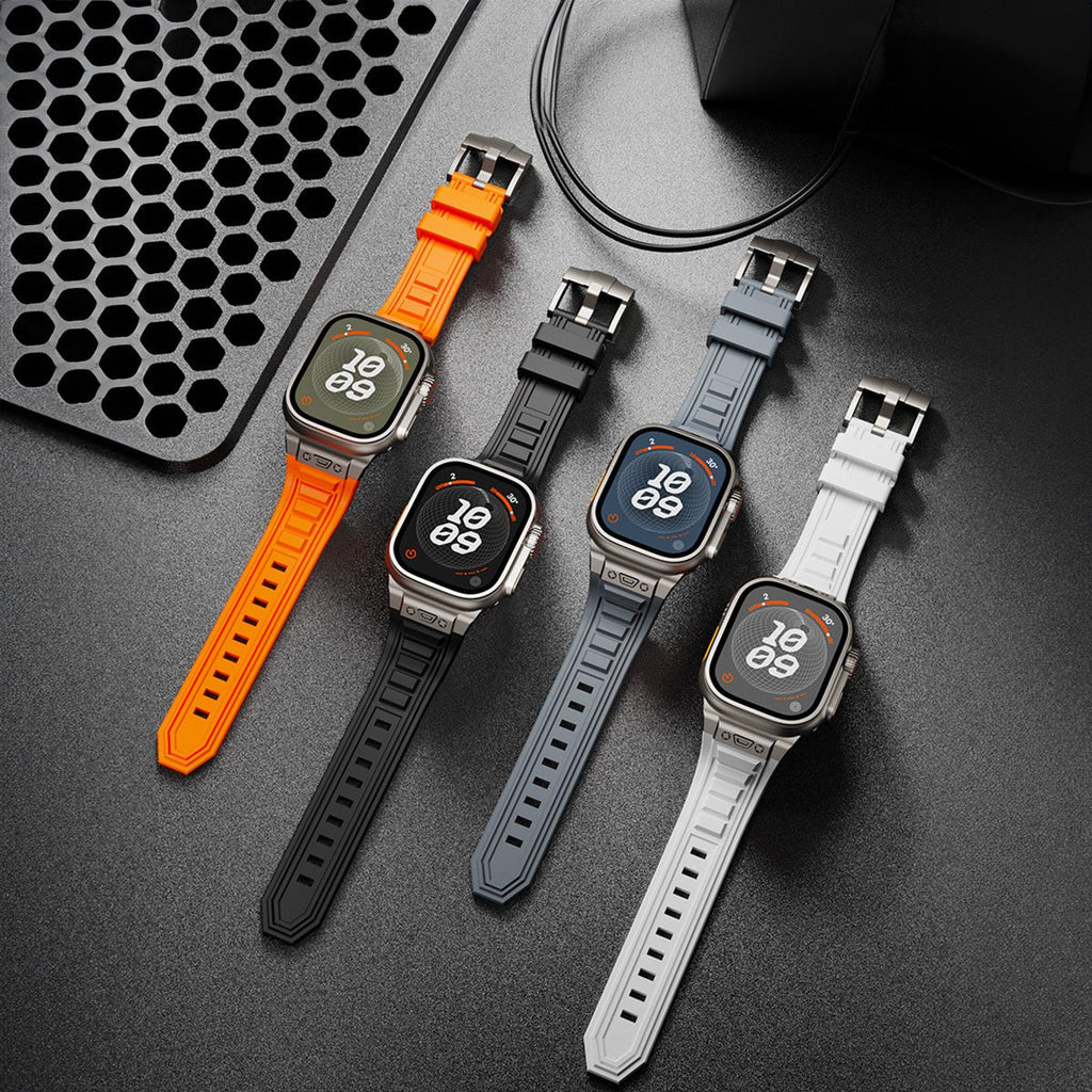 Bracelets tactiques en silicone orange, noir, gris et blanc avec boucle ardillon pour Apple Watch.