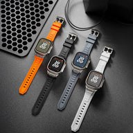 Bracelets tactiques en silicone orange, noir, gris et blanc avec boucle ardillon pour Apple Watch.