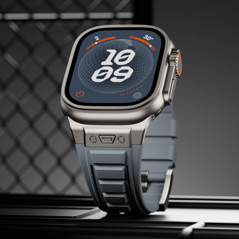 Bracelet tactique en silicone gris avec boucle ardillon pour Apple Watch, design robuste et ajustable.