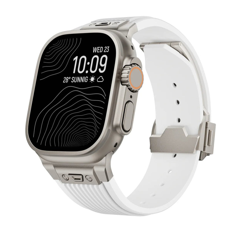 Bracelet tactique blanc et argent en silicone résistant avec fermoir papillon pour Apple Watch.