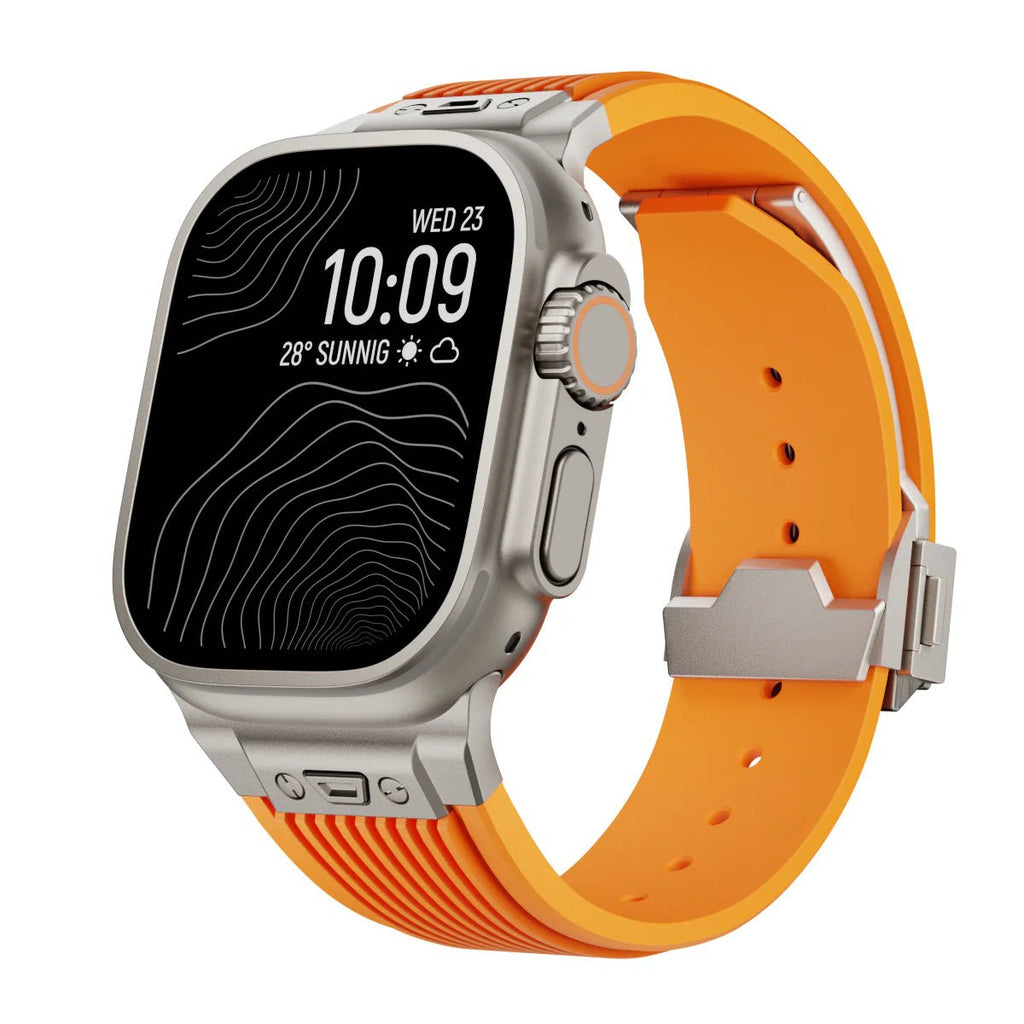 Bracelet silicone orange vif avec fermoir papillon argenté, pour Apple Watch taille 38 à 42 mm.