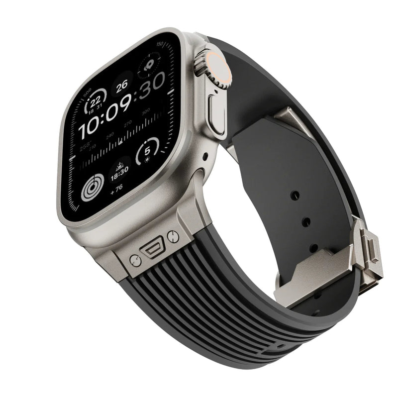 Bracelet tactique noir en silicone résistant avec fermoir papillon ajustable pour Apple Watch.