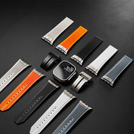 Bracelet tactique en silicone résistant pour Apple Watch, couleurs variées, fermoir papillon ajustable.