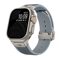 Bracelet tactique gris et argent en silicone pour Apple Watch, fermoir papillon ajustable.