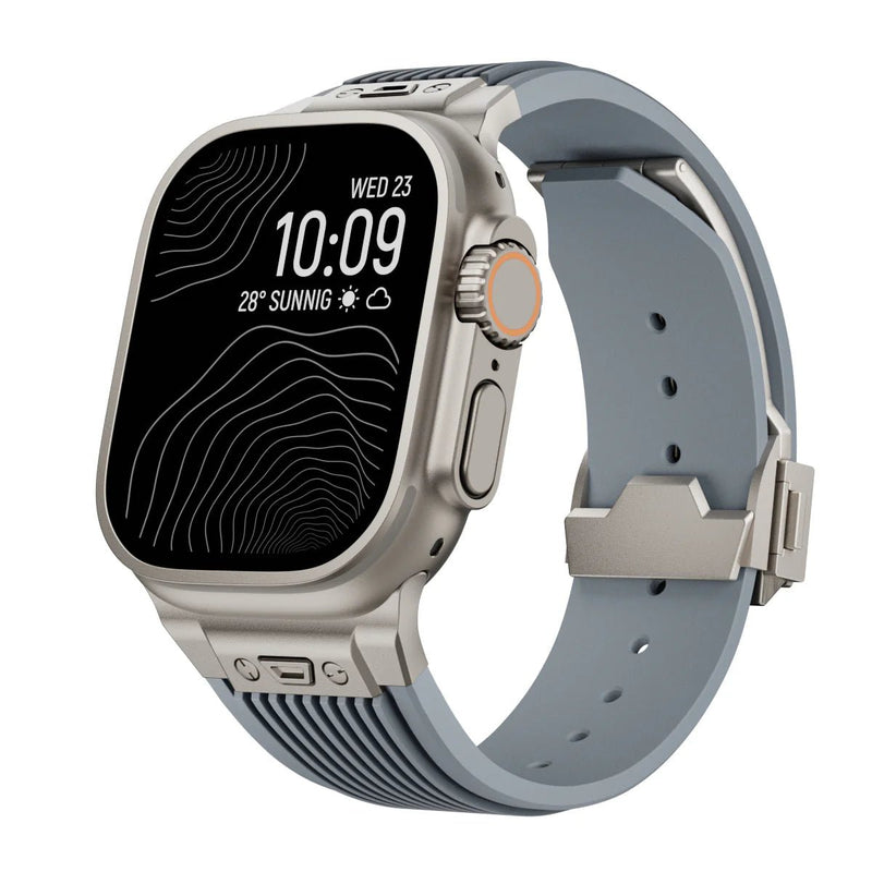 Bracelet tactique gris et argent en silicone pour Apple Watch, fermoir papillon ajustable.