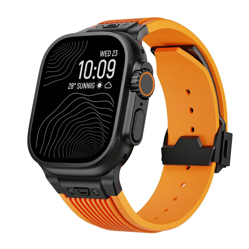 Bracelet silicone orange et noir, fermoir papillon, pour Apple Watch, style tactique ajustable.