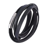 Bracelet multi tours en cuir noir tressé et lisse avec fermoir métallique argenté élégant.